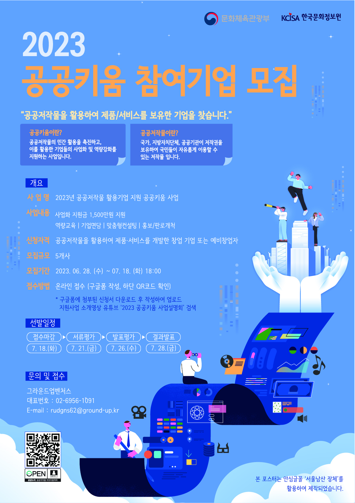 2023 공공키움 참여기업 모집  '공공저작물을 활용하여 제품/서비스를 보유한 기업을 찾습니다.' 공공키움이란? 공공저작물의 민간 활용을 촉진하고, 이를 활용한 기업들의 사업화 및 역량강화를 지원하는 사업입니다. / 공공저작물이란? 국가, 지방자치단체, 공공기관이 저작권을 보유하여 국민들이 자유롭게 이용할 수 있는 저작물 입니다. | 개요 - 사업명: 2023년 공공저작물 활용기업 공공키움 사업 - 사업내용: 사업화 지원금 1,500원 지원 역량교육, 기업면담, 맞춤형컨설팅, 홍보/판로개척 - 신청자격: 공공저작물을 활용하여 제품‧서비스를 개발한 창업 기업 또는 예비창업자 -모집규모: 5개사 - 모집가간: 2023년 6월 28일(수) 부터 2023년 7월 18일(화) 18:00시 - 접수방법: 온라인 접수(구글폼 작성, 하단 QR코드 확인) *구글폼에 첨부된 신청서 다운로드 후 작성하여 업로드 지원사업 소개영상 유튜브'2023 공공키움 사업설명회' 검색 | 선발일정: 접수마감 → 서류평가 → 발표평가 → 결과발표 → 7월18일(화) → 7월21일(금) → 7월26일(수) → 7월28일(금) | 문의 및 접수 : 그라운드업벤처스, 대표번호: 02-6956-1091, E-mail: rudgns62@ground-up.kr | 바코드:바로가기 https://ground-up.notion.site