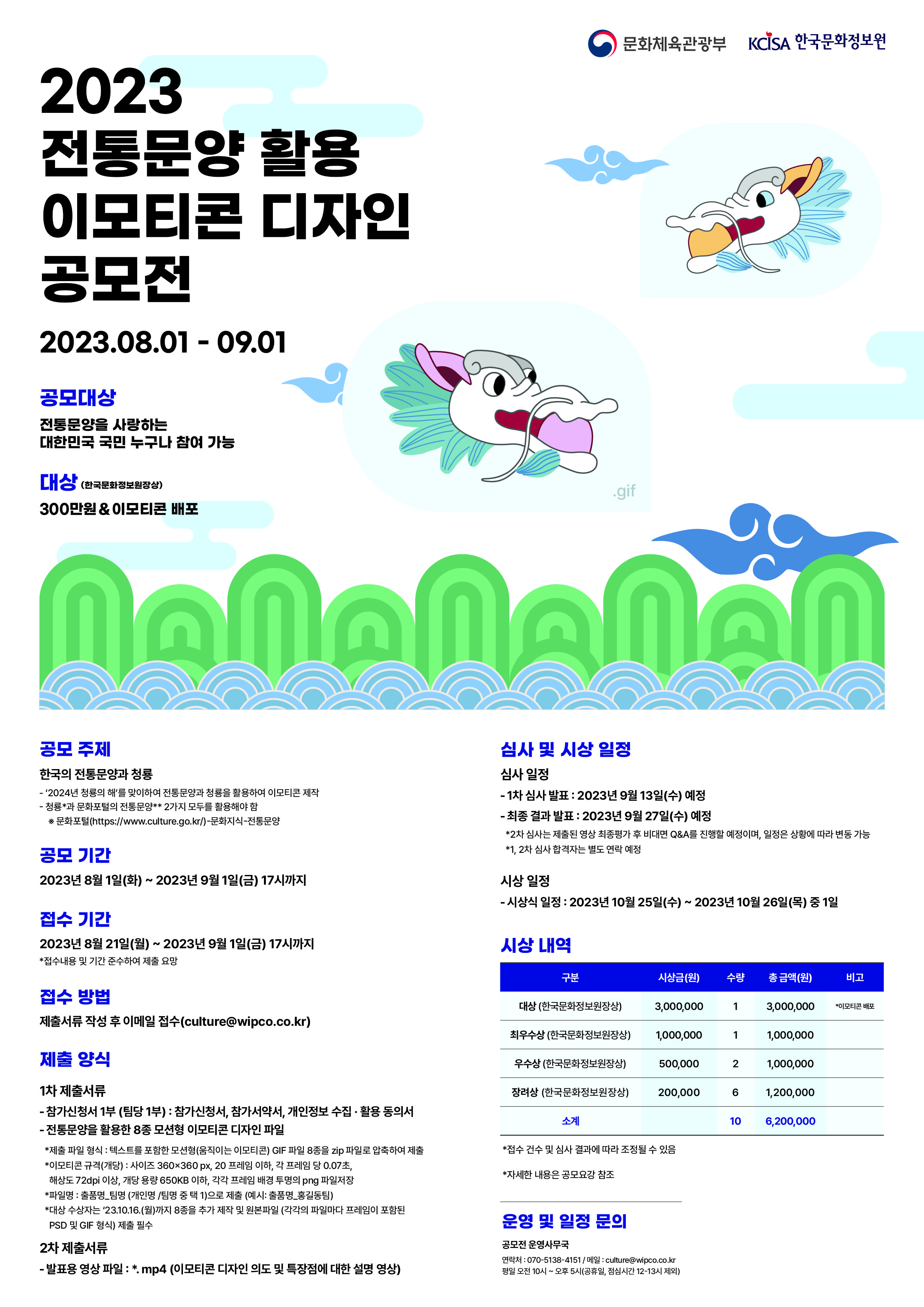 「2023 전통문양 활용 이모티콘 디자인 공모전」 ㅇ 공모 주제 : 한국의 전통문양과 청룡  - ‘2024년 청룡의 해’를 맞이하여 전통문양과 청룡을 활용하여 이모티콘 제작 - 청룡*과 문화포털의 전통문양** 2가지 모두를 활용해야 함 ※ 문화포털(https://www.culture.go.kr/)-문화지식-전통문양 * 청룡 : 문화포털에 개방되어 있는 용문양 활용(2차 변형 가능) 또는 직접 캐릭터 디자인 가능 ** 전통문양 : 문화포털에 개방되어 있는 전통문양 반드시 활용(2차 변형 가능) ㅇ 공고기간 : 2023.08.01.(화)~2023.09.01.(금), 17시까지 ㅇ 접수기간 : 2023.08.21.(월)~2023.09.01.(금), 17시까지 ㅇ 공모대상 : 전통문양을 사랑하는 대한민국 국민 누구나 참여가능, 개인 또는 4인이하 팀 ㅇ 접수 방법 : 제출서류 작성 후 이메일 접수(culture@wipco.co.kr) ㅇ 제출양식 : 1차 제출서류 - 참가신청서 1부 (팀당 1부): 참가신청서, 참가서약서, 개인정보 수집‧활용 동의서 - 전통문양을 활용한 8종 모션형 이모티콘 디자인 파일  * 제출 파일 형식: 텍스트를 포함한 모션형(움직이는 이모티콘) GIF 파일 8종을 zip 파일로 압축하여 제출 *이모티콘 규격(개당): 사이즈360x360px, 20프레임 이하, 각 프레임 당 0.07초, 해상도 72dpi 이상, 개당 용량 650kb 이하, 각각 프레임 배경 투명의 png파일저장 *파일명 : 출품명_팀명 (개인명 / 팀명 중 택 1)으로 제출(예시: 출품명_홍길동팀) * 대상 수상자는 2023년 10월 16일(월)까지 8종을 추가 제작 및 원본파일 (각각의 파일마다 프레임이 포함된 PSD 및 GIF 형식) 제출 필수 | 2차 제출서류 - 발표용 영상 파일: *MP4 (이모티콘 디자인 의도 및 특정좀에 대한 설명 영상) | ㅇ 심사 및 시상 일정 : 심사 일정 - 1차 심사 발표: 2023년 9월 13일(수)예정 - 최종 결과 발표: 2023년 9월 27일(수) 예정 *2차 심사는 제출된 영상 최종평가 후 비대면 Q&A를 진행할 예정이며, 일정은 상황에 따라 변동 가능 *1,2차 심사 합격자는 별도 연락 예정  | ㅇ 시상 일정 : - 시상식 일정: 2023년 10월 25일(수) ~ 2023년 10월26일(목) 중 1일 ㅇ 시상 내역 : 구분,시상금(원), 수량, 총 금액(원), 비고 | 대상(한국문화정보원장상), 3,000,000원, 1장, 3,000,000원, 이모티콘 출시 | 최우수상(한국문화정보원장상), 1,000,000원, 1장, 1,000,000원 | 우수상(한국문화정보원장상), 500,000원, 2장, 1,000,000원 | 장려상(한국문화정보원장상), 200,000원, 6장, 1,200,000원 | 합계, 10, 6,200,000원 * 접수 건수 및 심사 결과에 따라 조정될수 있음 * 자세한 내용은 공모요강 참조 | ㅇ 운영 및 일정 문의 : 공모전 운영사무국 - 연락처: 070-5138-4158 / 메일: culture@wipco.co.kr / 평일 오전 10시 ~ 오후 5시(공휴일, 점심시간 12-13시 제외) 