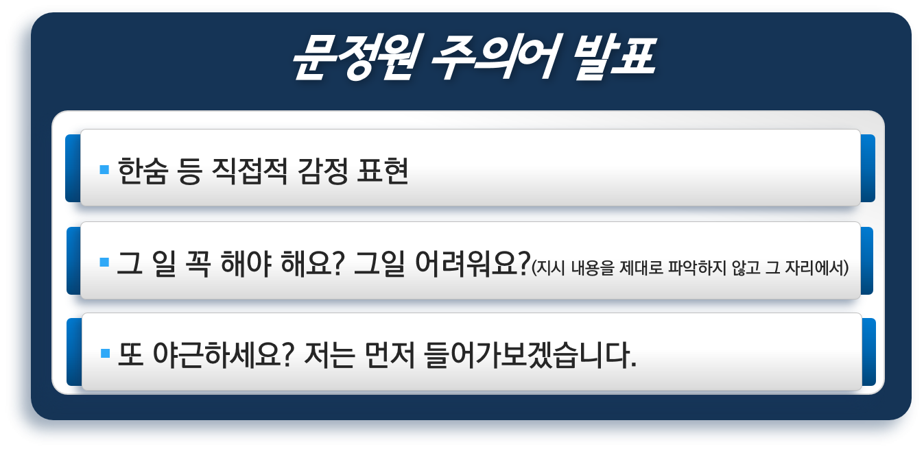 문정원 주의어 공모 발표 내용, 1.한숨 등 직접적 감정 표현, 2.그 일 꼭 해야 해요? 그일 어려워요?(지시 내용을 제대로 파악하지 않고 그 자리에서), 3.또 야근하세요? 저는 먼저 들어가보겠습니다.