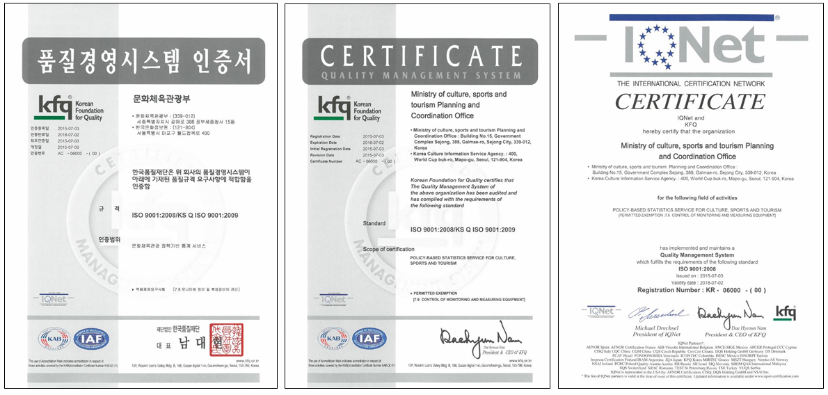 ISO 9001 인증서(국문, 영문) 및 IQNet(국제인증네트워크) 인증서 이미지